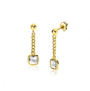 25mm ZINZI gold plated zilveren oorstekers met gourmet kettinkje en vierkante zetting bezet met witte zirconia - 3240980
