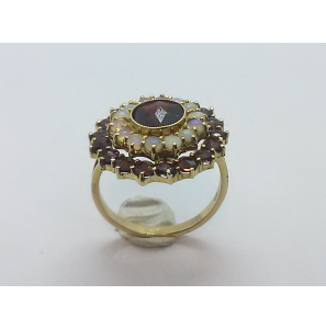 Goud dames ring rozet met maansteen en granaat - 3241152