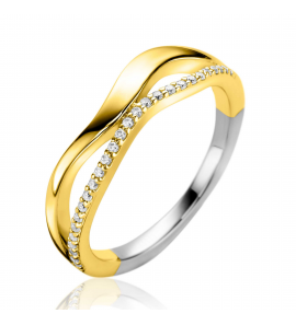 ZINZI gold plated zilveren multilook ring (6mm breed) organisch gevormd met twee golvende banen, waarvan één bezet met witte zirconia&#39;s ZIR2629Y - 3241618