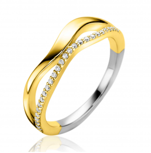 ZINZI gold plated zilveren multilook ring (6mm breed) organisch gevormd met twee golvende banen, waarvan één bezet met witte zirconia&#39;s ZIR2629Y - 3241618