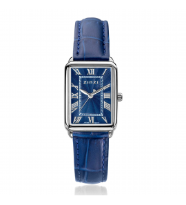 ZINZI Elegance horloge blauwe wijzerplaat en rechthoekige stalen kast met blauwe leren band 28mm extra dun ZIW1955B - 3241650