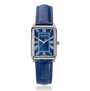 ZINZI Elegance horloge blauwe wijzerplaat en rechthoekige stalen kast met blauwe leren band 28mm extra dun ZIW1955B - 3241650