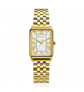ZINZI Elegance bicolor horloge witte wijzerplaat en rechthoekige goudkleurige kast en geel vergulde stalen schakelband 28mm extra dun ZIW1907GB - 3241652