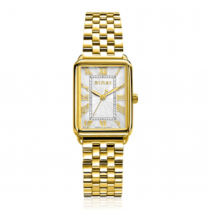 ZINZI Elegance bicolor horloge witte wijzerplaat en rechthoekige goudkleurige kast en geel vergulde stalen schakelband 28mm extra dun ZIW1907GB - 3241652