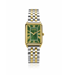 ZINZI Elegance horloge groene wijzerplaat en rechthoekige kast stalen bicolor schakelband 28mm extra dun - 3241875