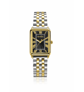 ZINZI Elegance horloge zwarte wijzerplaat en rechthoekige kast stalen bicolor schakelband 28mm extra dun - 3241876