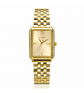 ZINZI Lucia horloge 28mm rechthoekige kast, bezet met witte zirkonia&#39;s en goudkleurige wijzerplaat, stalen schakelband - 3241918