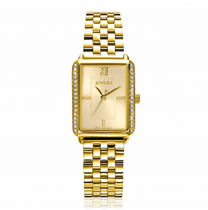 ZINZI Lucia horloge 28mm rechthoekige kast, bezet met witte zirkonia&#39;s en goudkleurige wijzerplaat, stalen schakelband - 3241918
