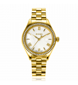 ZINZI Tresor horloge 32mm bezet met witte zirkonia's, parelmoer wijzerplaat en goudkleurige stalen kast en schakelband ZIW2434 - 3241919