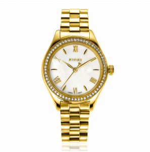 ZINZI Tresor horloge 32mm bezet met witte zirkonia's, parelmoer wijzerplaat en goudkleurige stalen kast en schakelband ZIW2434 - 3241919