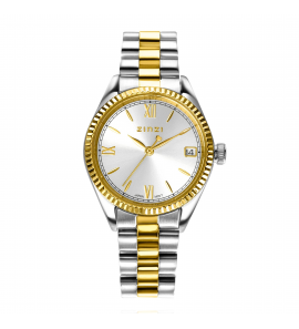 ZINZI Iconic horloge 30mm met datum, goudgekleurde gekartelde rand, zilverkleurige wijzerplaat en stalen bicolor schakelband - 3241921