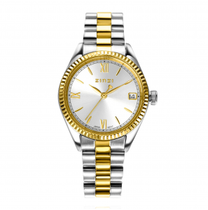 ZINZI Iconic horloge 30mm met datum, goudgekleurde gekartelde rand, zilverkleurige wijzerplaat en stalen bicolor schakelband - 3241921