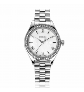 ZINZI Tresor horloge 32mm bezet met witte zirkonia's, parelmoer wijzerplaat en zilverkleurige stalen kast en schakelband - 3241922