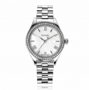ZINZI Tresor horloge 32mm bezet met witte zirkonia's, parelmoer wijzerplaat en zilverkleurige stalen kast en schakelband - 3241922