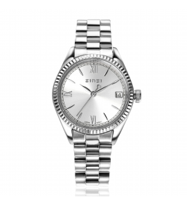 ZINZI Iconic horloge 30mm met datum, gekartelde rand, zilverkleurige wijzerplaat en stalen schakelband - 3241923