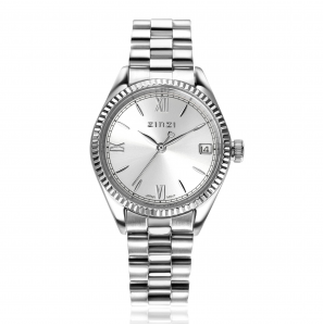 ZINZI Iconic horloge 30mm met datum, gekartelde rand, zilverkleurige wijzerplaat en stalen schakelband - 3241923