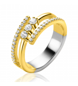ZINZI gold plated zilveren multi-look ring (8mm breed) met 3 rijen, bezet met witte zirconia's - 3241924