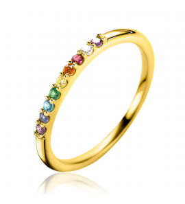 ZINZI gold plated zilveren aanschuifring met regenboog kleurstenen in chatonzettingen mt.56 - 3241956