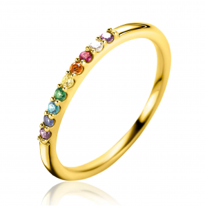 ZINZI gold plated zilveren aanschuifring met regenboog kleurstenen in chatonzettingen mt.56 - 3241956