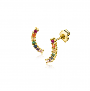 10mm ZINZI gold plated zilveren oorknoppen met golfje bezet met regenboog kleurstenen - 3241965