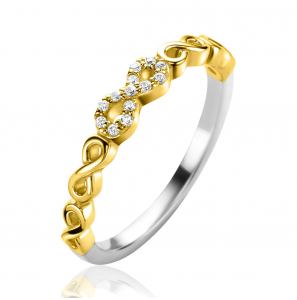 ZINZI gold plated zilveren aanschuifring met sierlijke Infinity schakels, middelste is bezet met witte zirconia's 3mm breed - 3241966