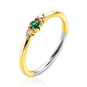 ZINZI gold plated zilveren ring met ronde chatonzettingen diepgroen en champagne kleurstenen 3mm breed - 3241968