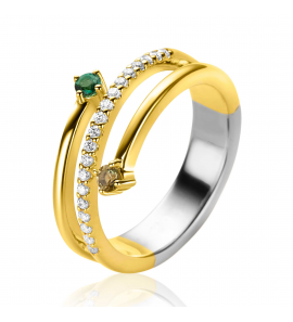 ZINZI gold plated zilveren multi-look ring (9mm breed) met 3 rijen, bezet met groene kleurstenen en witte zirconia&#39;s - 3242007
