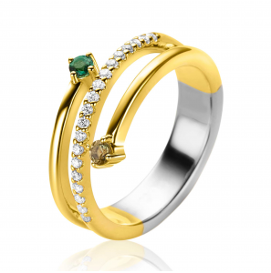 ZINZI gold plated zilveren multi-look ring (9mm breed) met 3 rijen, bezet met groene kleurstenen en witte zirconia&#39;s - 3242007