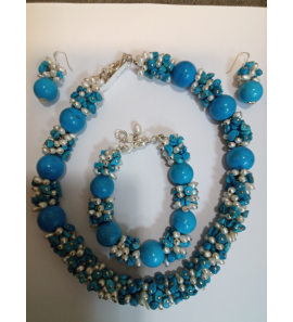 Set Collier-armband-oorhangers zw parels en turq. - 3242543