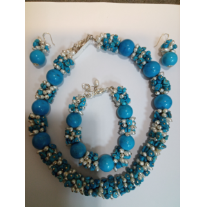 Set Collier-armband-oorhangers zw parels en turq. - 3242543