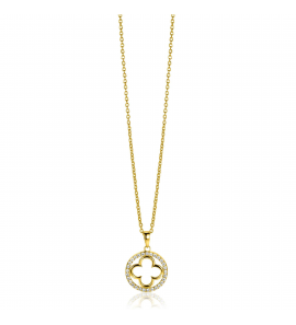 ZINZI gold plated zilveren anker ketting met luxe klaver hanger (15mm) rondom bezet met witte zirconia's 45-48cm - 3242578