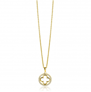 ZINZI gold plated zilveren anker ketting met luxe klaver hanger (15mm) rondom bezet met witte zirconia's 45-48cm - 3242578