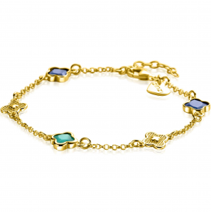 ZINZI gold plated zilveren schakel armband met twee donkerblauwe klavers en een groene klaver 16-19cm - 3242584