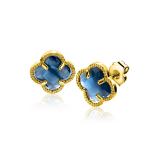ZINZI gold plated zilveren oorstekers in klaver vorm met donkerblauwe kleursteen - 3242586