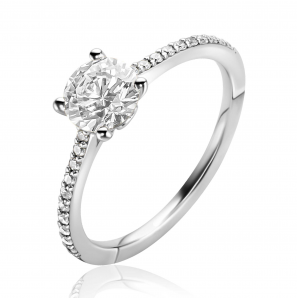 ZINZI zilveren ring met een grote ronde witte zirkonia (6,5mm) in vierpootszetting en klein hartje aan de zijkant ZIR2696 - 3242678
