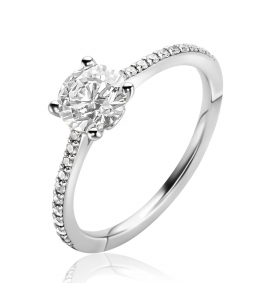 ZINZI zilveren ring met een grote ronde witte zirkonia (6,5mm) in vierpootszetting en klein hartje aan de zijkant ZIR2696 - 3242679